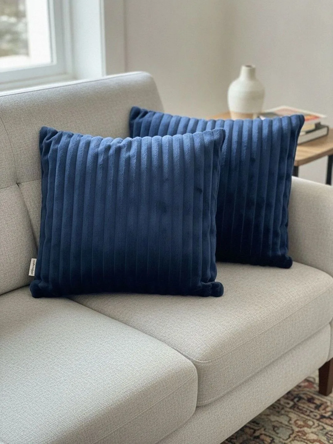 Navy Blue Channel Ribbed cushion covers, set of 3, 16 x 16 inch, detail view