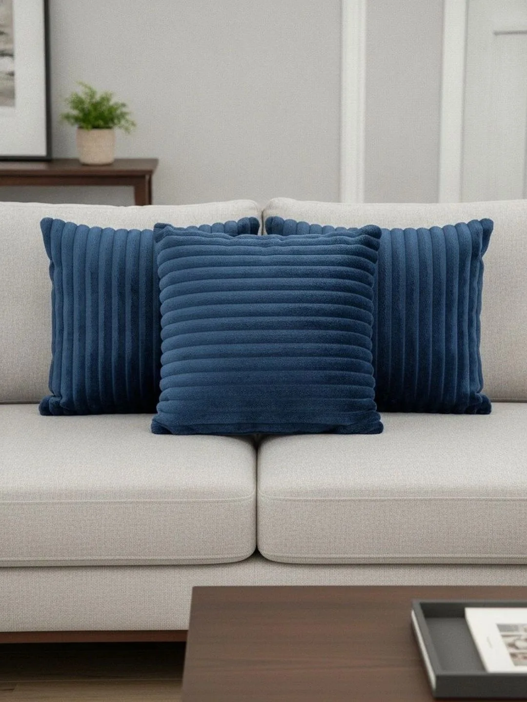 Navy Blue Channel Ribbed cushion covers, set of 3, 16 x 16 inch, zip closure