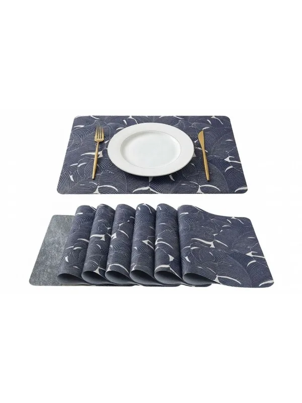 Navy Blue Leaf Print placemats 46 x 30 cm, styled on a dining table