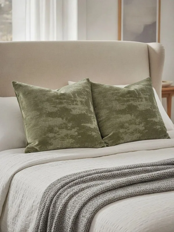 Olive Green Distressed Velvet-Look cushion covers, set of 3, 16 x 16 inch, styled on a sofa