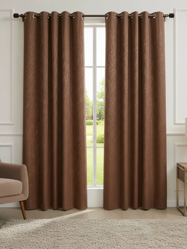 Rust Brown Bark Texture room-darkening curtains in rust brown, styled in a room
