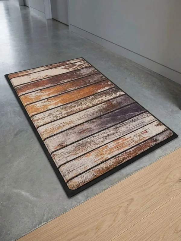 Rustic Wood Plank Looped Anti-Skid Runner Mat 100 x 51 cm in brown & off-white, styled at the entrance