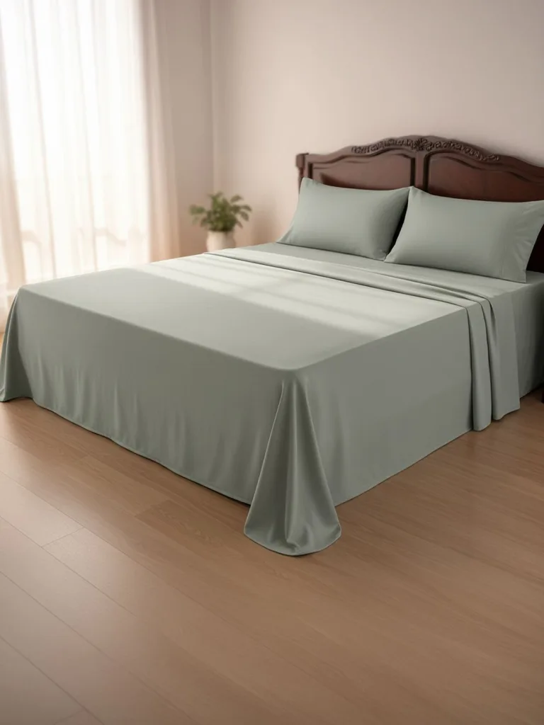 Sage Green 600 TC Egyptian Cotton king size bedsheet with 2 pillow covers, on a styled king bed