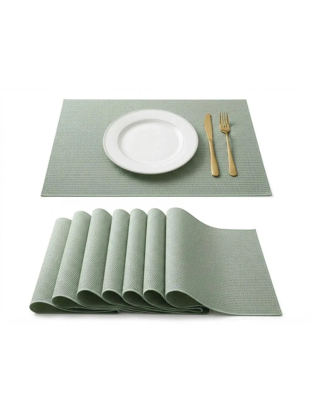 Sage Green Woven placemats 46 x 30 cm, styled on a dining table