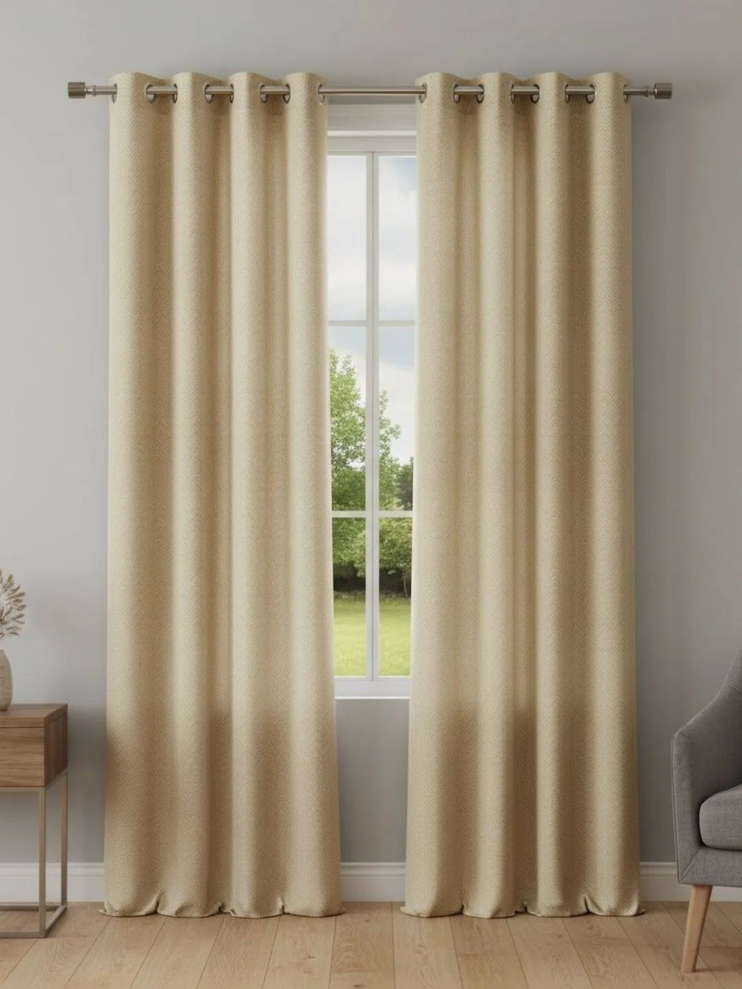 Sand Beige Herringbone room-darkening curtains in sand beige, eyelet heading close-up