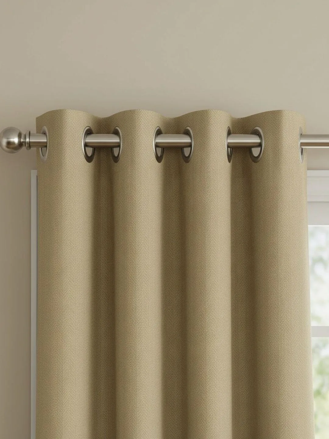 Sand Beige Herringbone room-darkening curtains in sand beige, fabric texture close-up