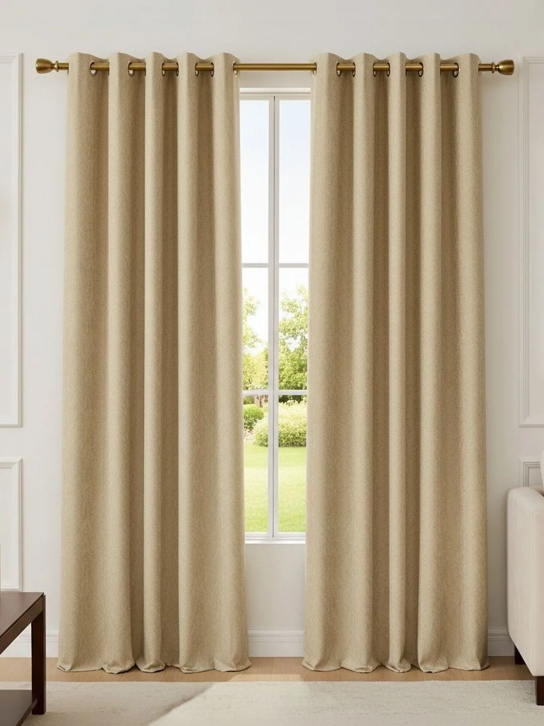 Sand Beige Herringbone room-darkening curtains in sand beige, alternate view