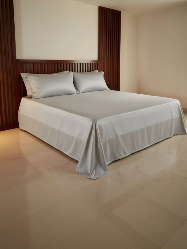 Silver Grey 1000 TC Egyptian Cotton king size bedsheet with 2 pillow covers, on a styled king bed