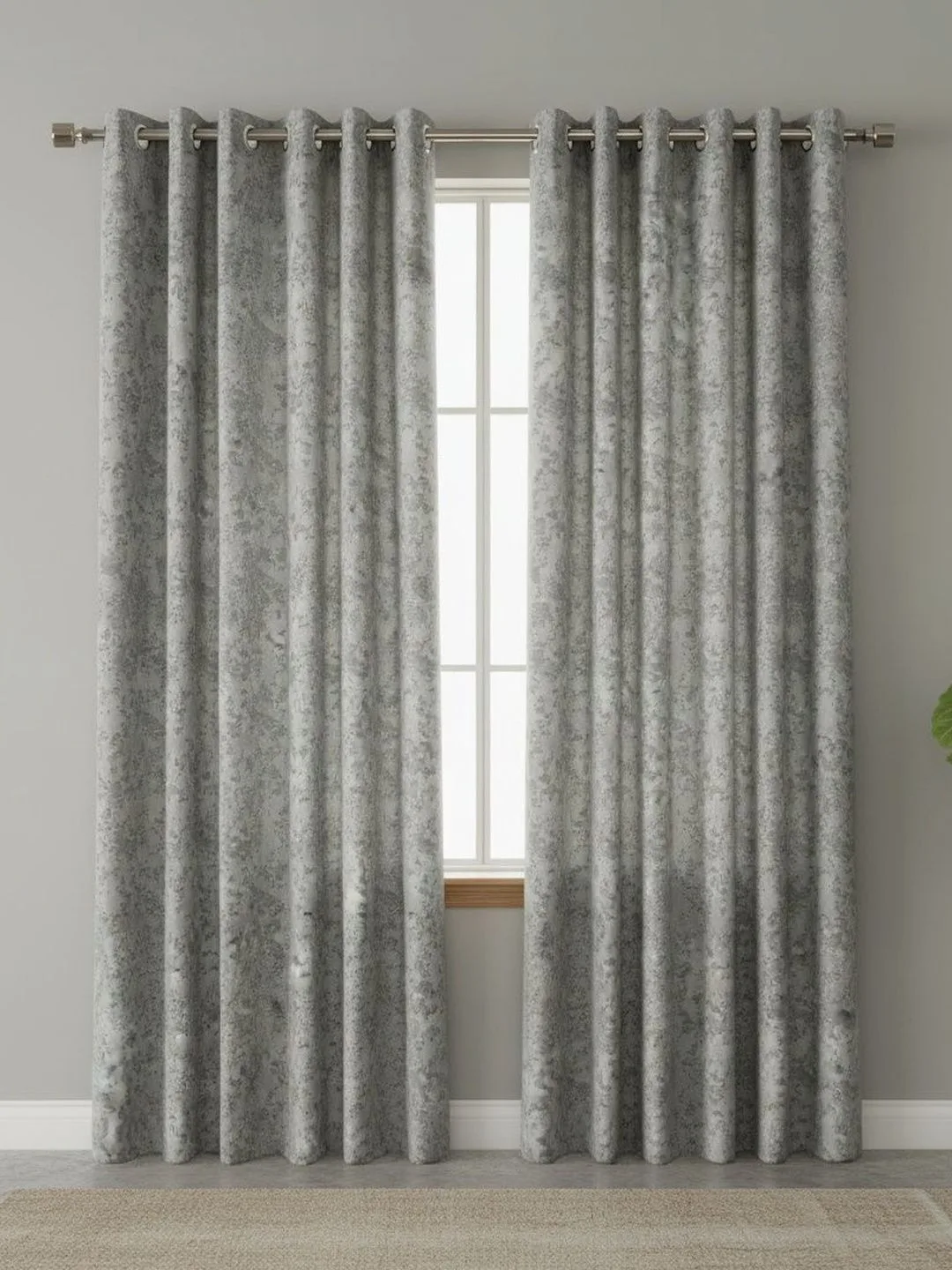 Silver Grey Marble Texture room-darkening curtains in silver grey, styled in a room