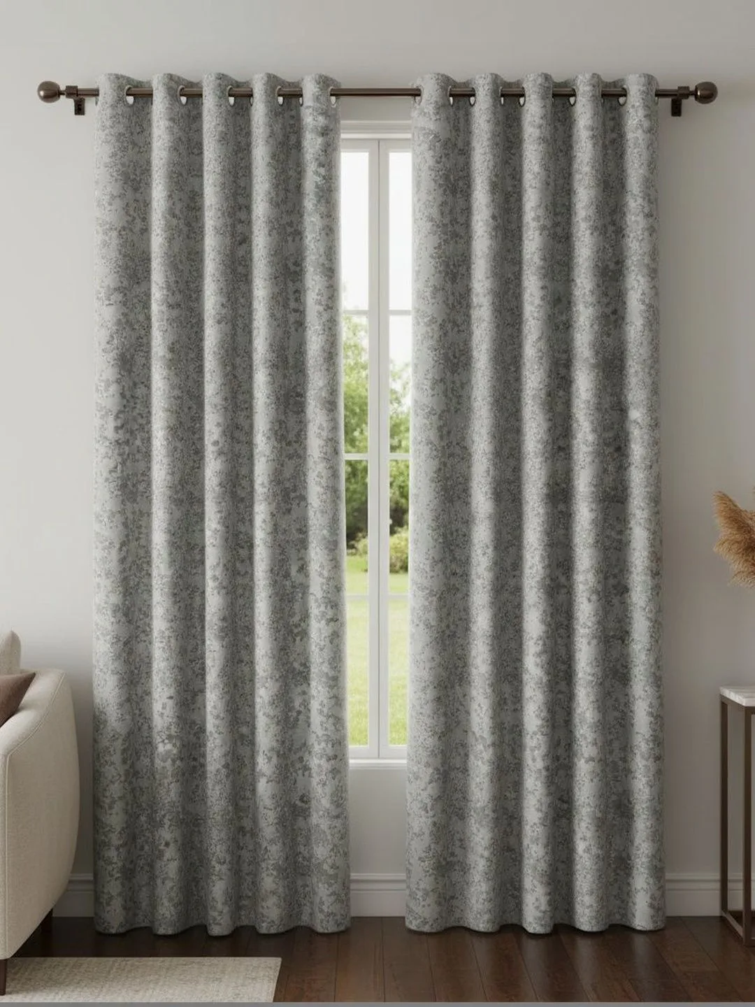 Silver Grey Marble Texture room-darkening curtains in silver grey, eyelet heading close-up
