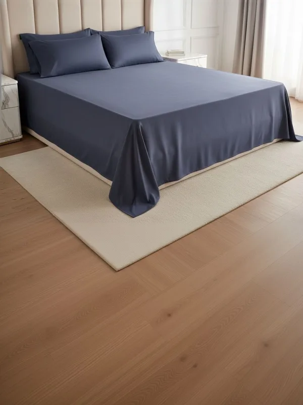 Slate Blue 600 TC Egyptian Cotton king size bedsheet with 2 pillow covers, on a styled king bed