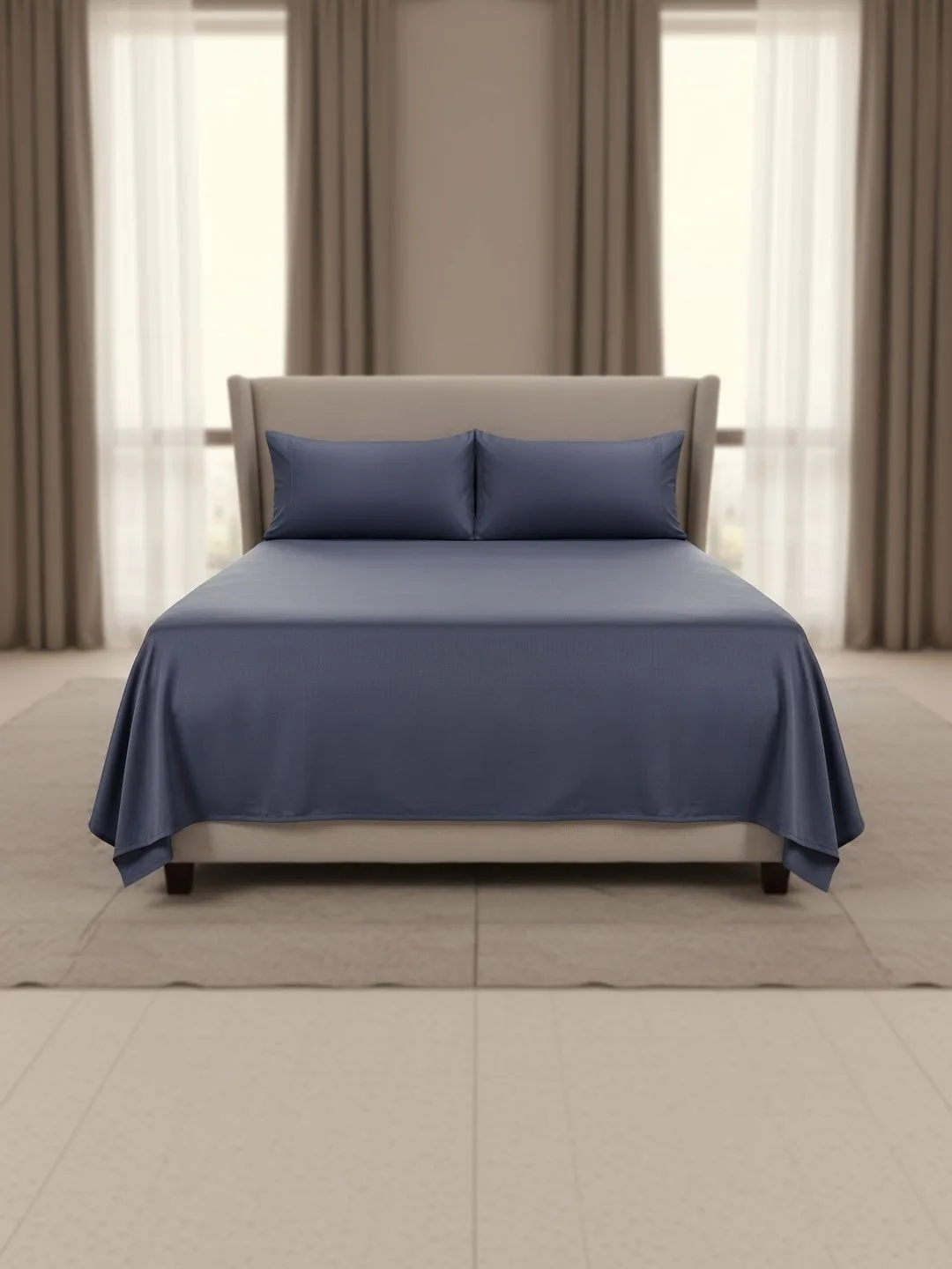 Slate Blue 600 TC Egyptian Cotton king size bedsheet with 2 pillow covers, styled bedroom view