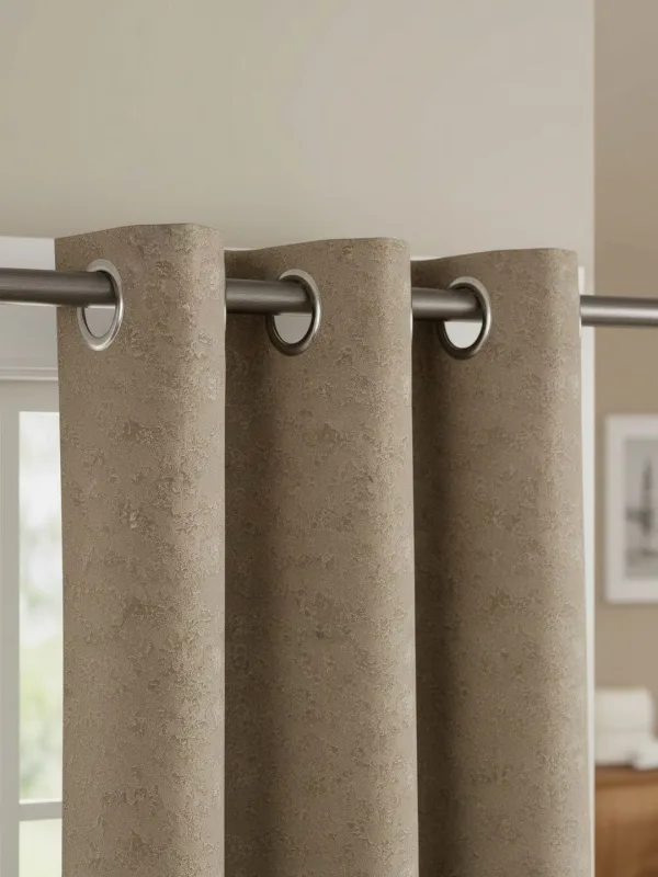 Taupe Marble Texture room-darkening curtains in taupe, styled in a room