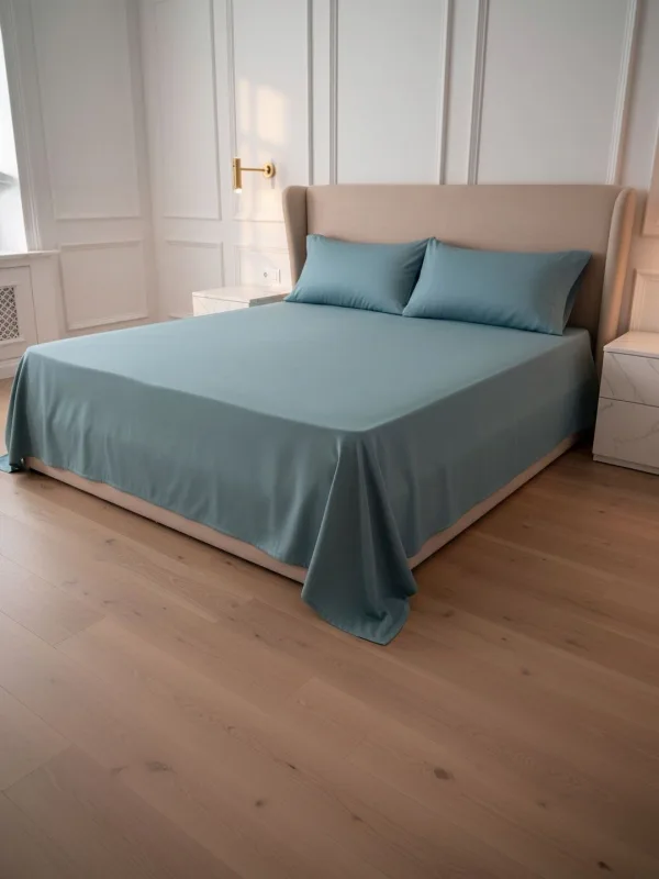 Teal 600 TC Egyptian Cotton king size bedsheet with 2 pillow covers, on a styled king bed