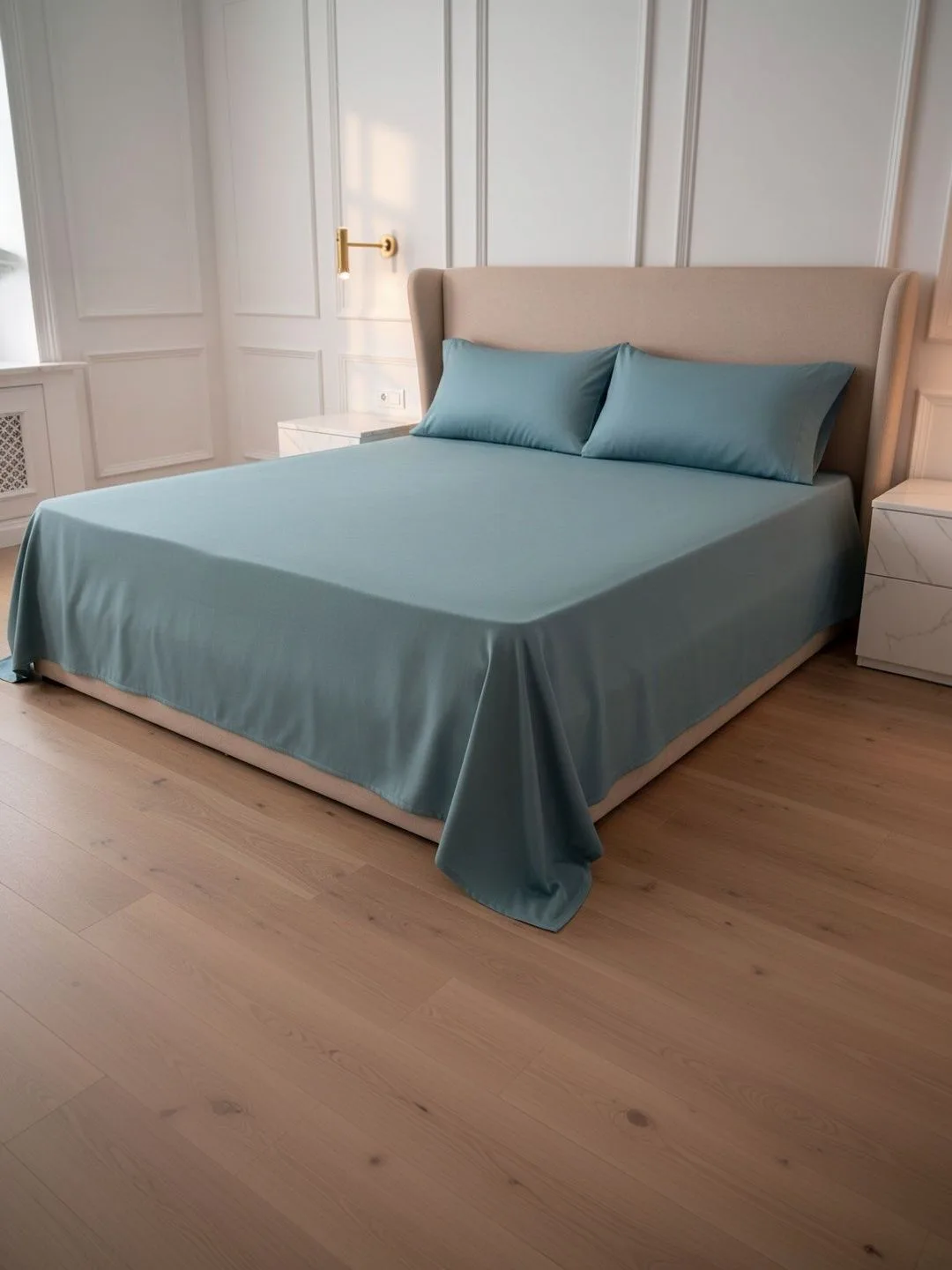 Teal 600 TC Egyptian Cotton king size bedsheet with 2 pillow covers, on a styled king bed