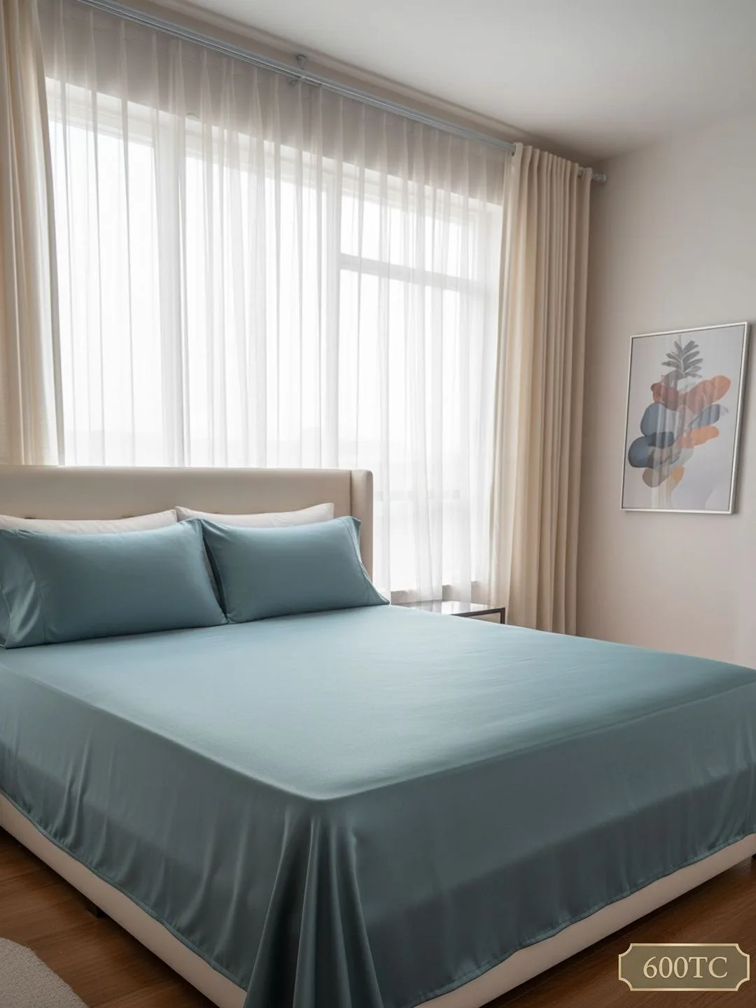 Teal 600 TC Egyptian Cotton king size bedsheet with 2 pillow covers, styled bedroom view