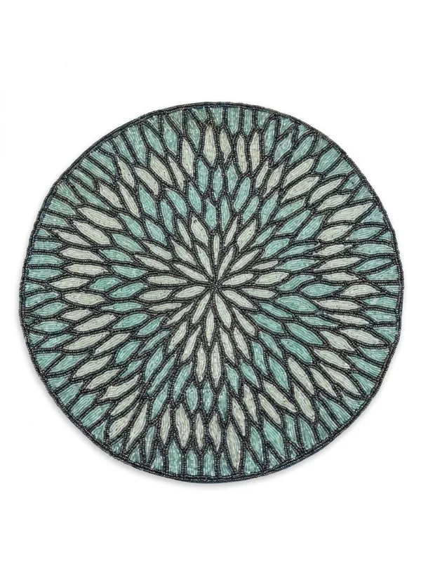 Teal & Ivory Beaded Mandala Round placemat 36 cm diameter, styled on a dining table