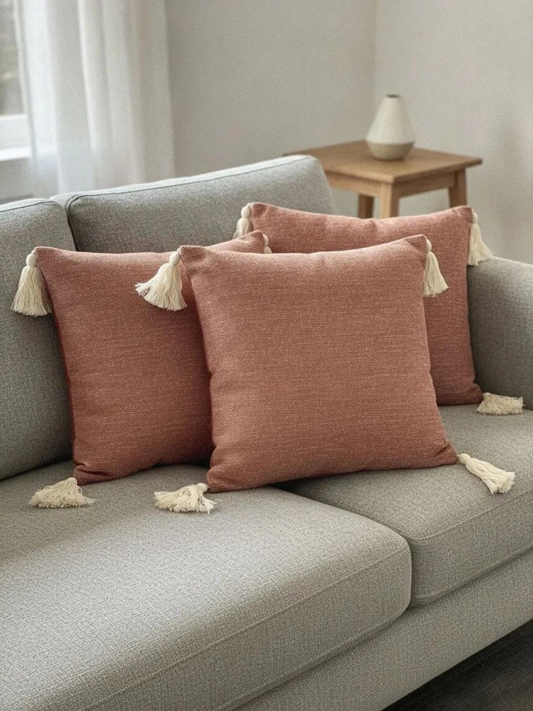 Terracotta Textured Tasselled cushion covers, set of 3, 16 x 16 inch, styled on a sofa